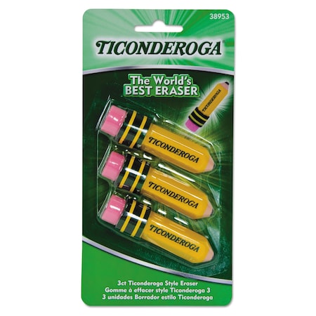 Ticonderoga Pencil-Shaped Eraser, Small, Yellow/Green/Red, Latex-Free Polymer, PK3 38953